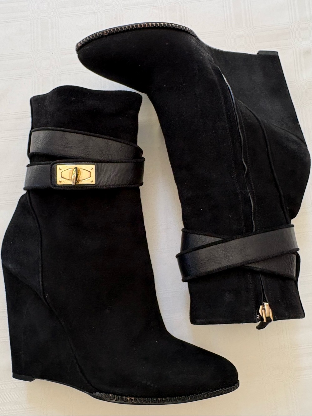 Givenchy Black Suede Wedge Ankle Boots Gold-Tone Shark Tooth Clasp • Size 40.5